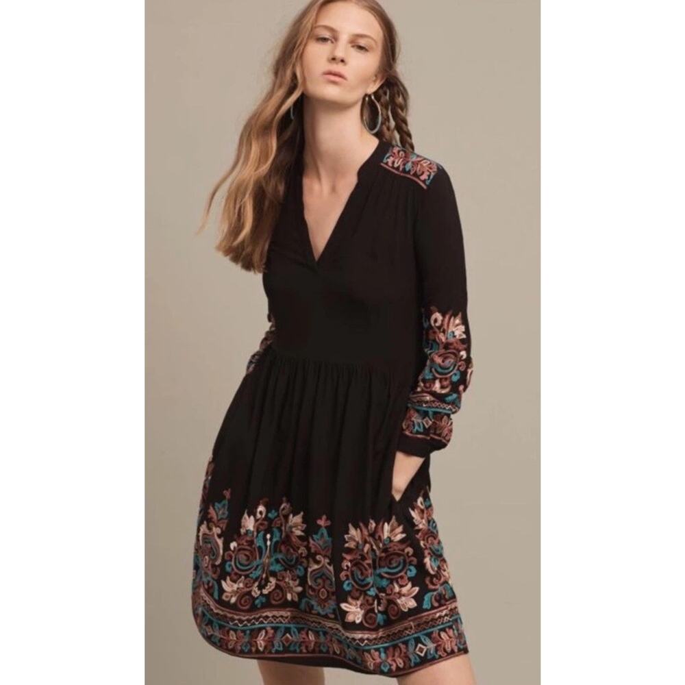 Anthropologie Floreat Avery Dress Small Black Embroidered Long Sleeve